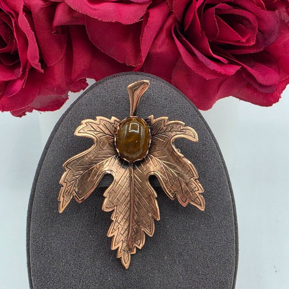 Vintage‎ Renoir Copper Maple Leaf Brooch Brown Stone Cabochon Mid Century Pin
